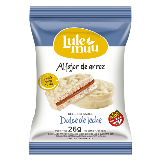 Lulemuu Alfajor Chocolate Blanco Relleno Sabor Dulce de Leche 26Gr